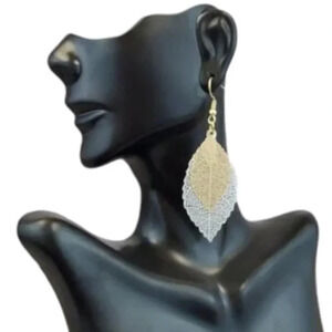 Golden and Silver Skeleton Leaf two layer dangle earrings